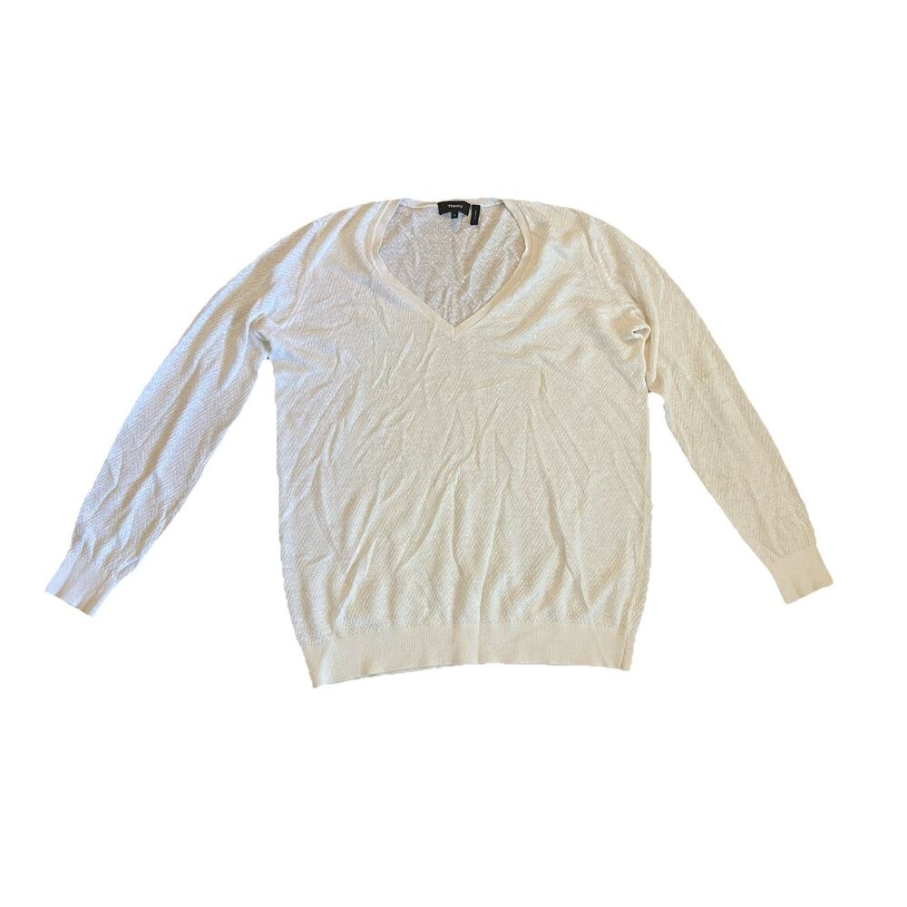 Theory Linen Blend Adrianna V-neck Knit Sweater Medium Sheer Ivory Chevron